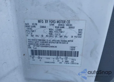 2008 Ford F-150 Fx2/Stx/Xl/Xlt из США, поврежденный, VIN 1FTRF12W68KD45630